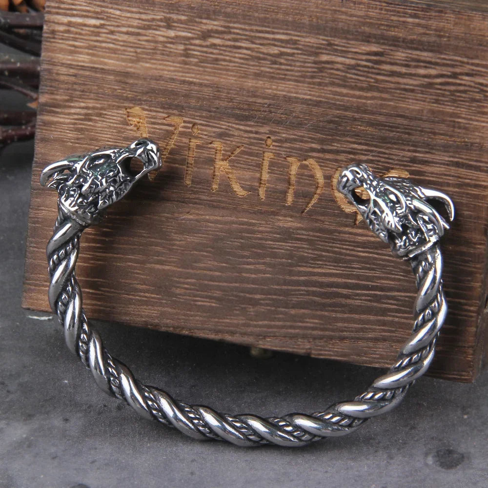 Stainless Steel Nordic Viking Norse Dragon Bracelet Men Wristband Cuff Bracelets with Viking Wooden Box