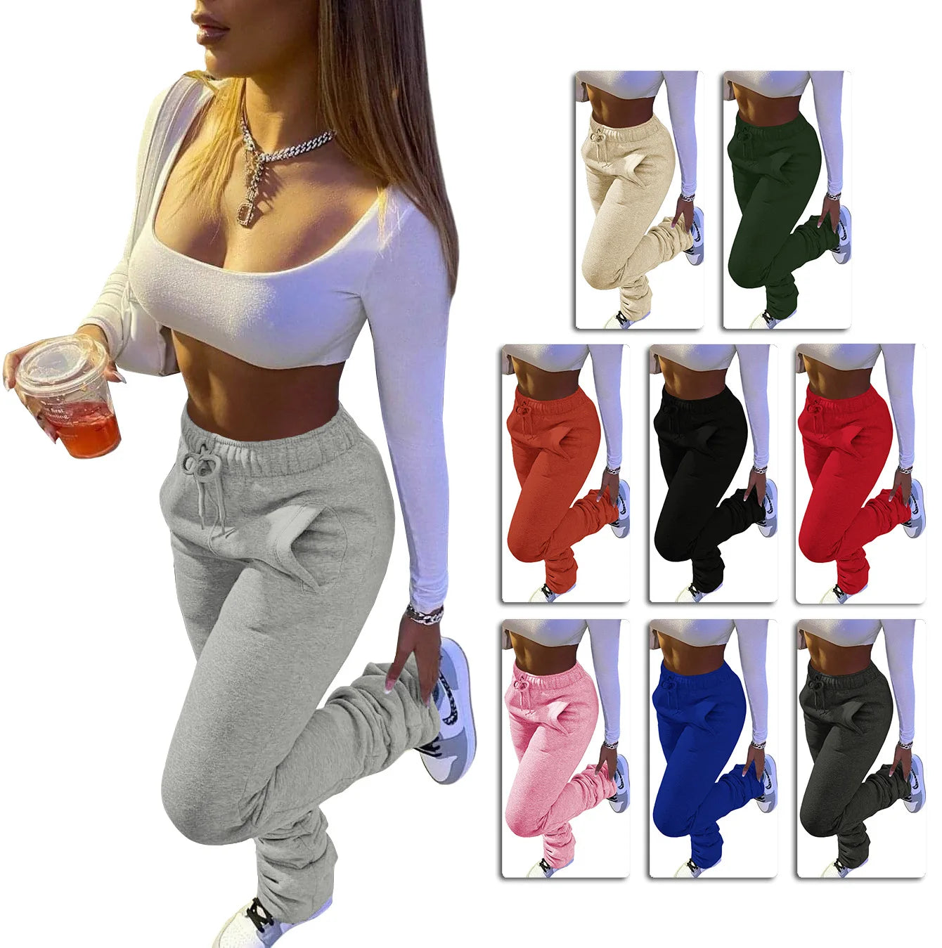 XS-3XL Size Stacked Sweat Pants Fall Winter Women's Mid Waist Thick Stacked