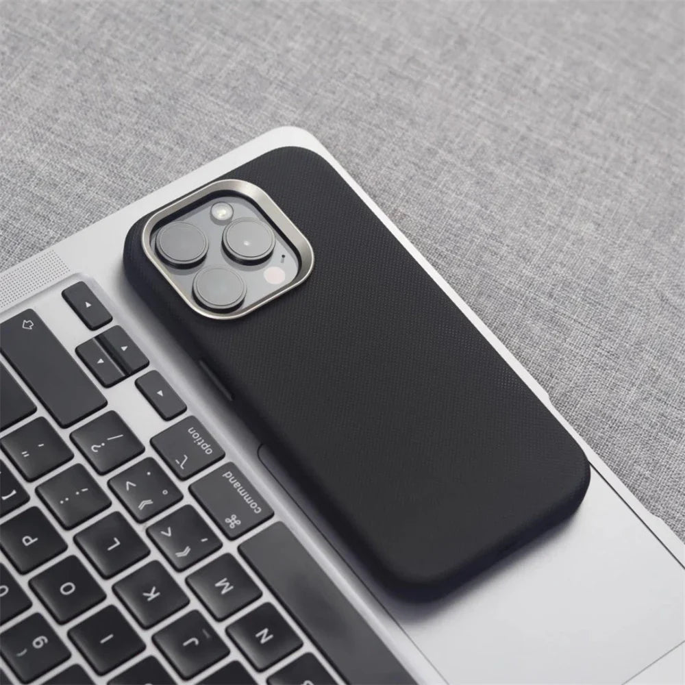 Luxury Alloy Lens Frame Particle PU Leather Magnetic Case For iPhone 17 16 Pro Max 15 14 13 For Magsafe Wireless Charging Cover
