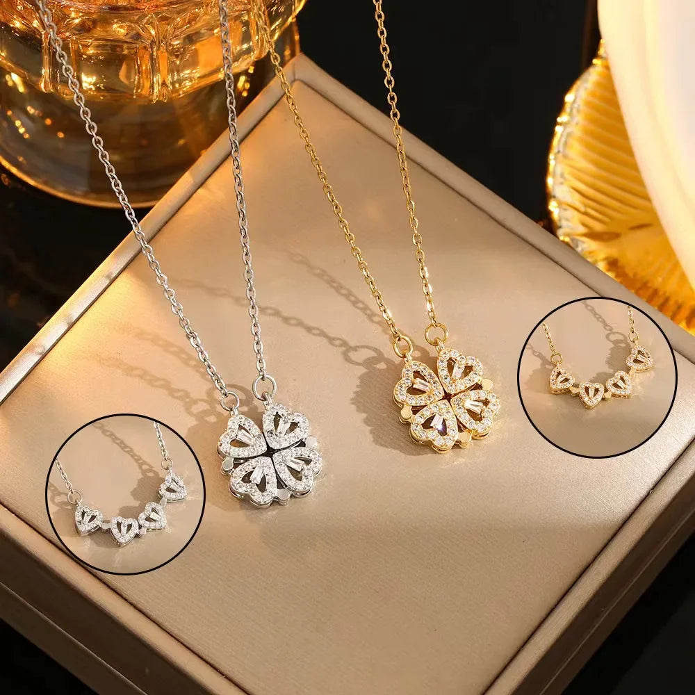 CARLIDANA Transform Luxury Four Leaf Clover Pendant Necklace  Stainless Steel Crystal Gold Color Heart Jewelry for Women Gift