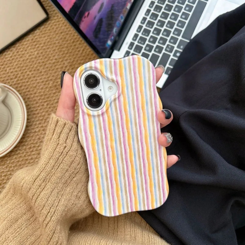 Fashion 2 in 1 Glossy Stripes Phone Case For IPhone 16 15 14 13 Pro Max Comfortable Touch Wave Edges Hard Slim Back Cover Shell