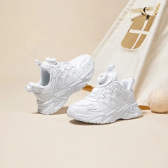 Children's Sports Shoes, Leather Upper, Small White Shoes, Autumn Boys and Girls' Rotating Buttons, All White Running Shoes