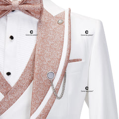 Cenne Des Graoom Elegant Suits for Men White Tuxedo Jacket Vest Pants with Bowtie