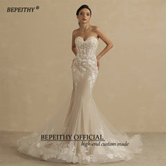 Champagne Mermaid Wedding Dress For Women Ivory Lace Sleeveless Trumpet