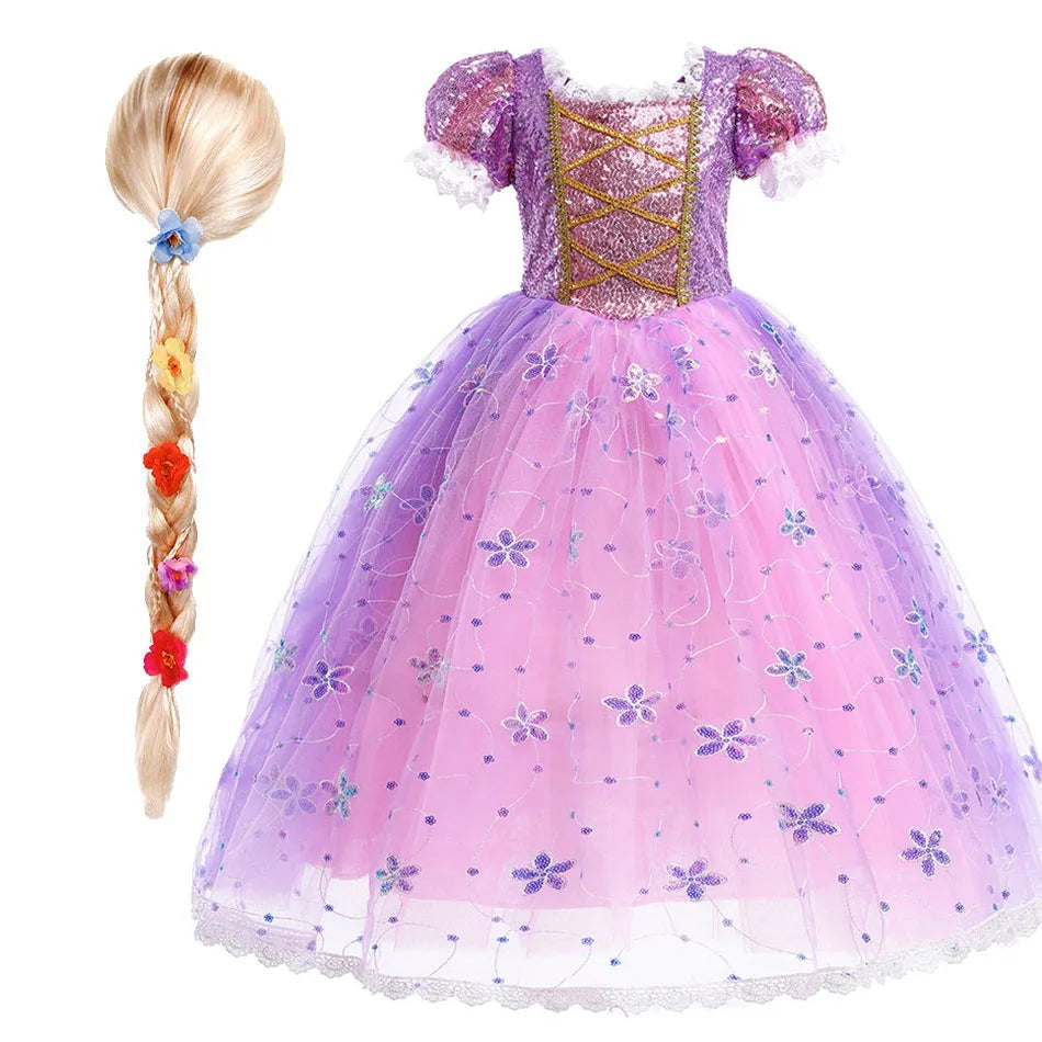 Children Halloween Costume Little Girls Rapunzel Costume Sequins Purple Dress