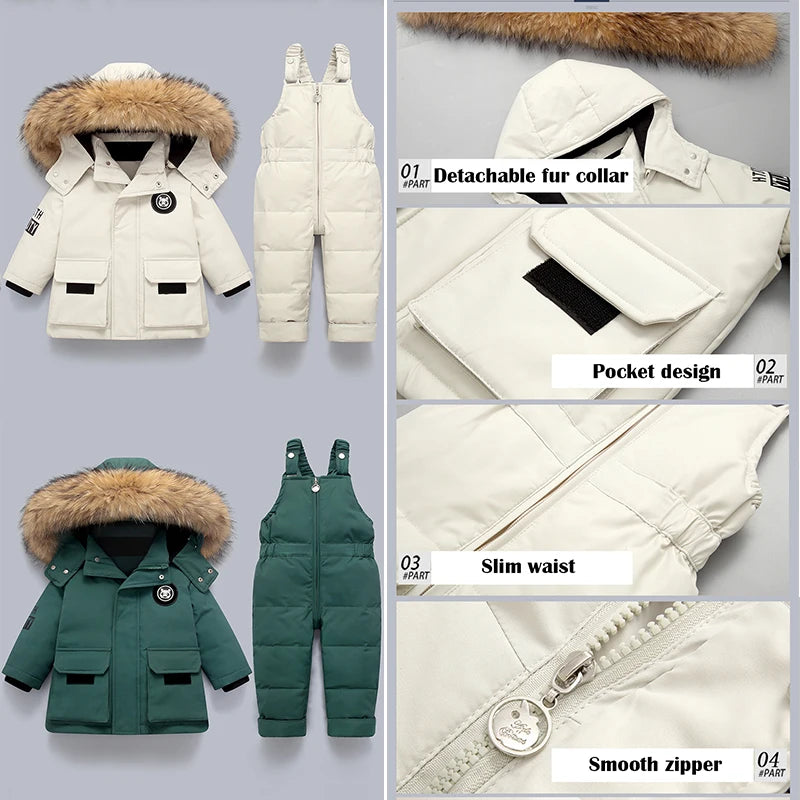 Children Down Suit Winter and Autumn Warm Boy Jacket Natural Fur Collar Baby Girls Snowsuit Coat Kids Parkas Outwear 1-5 Years