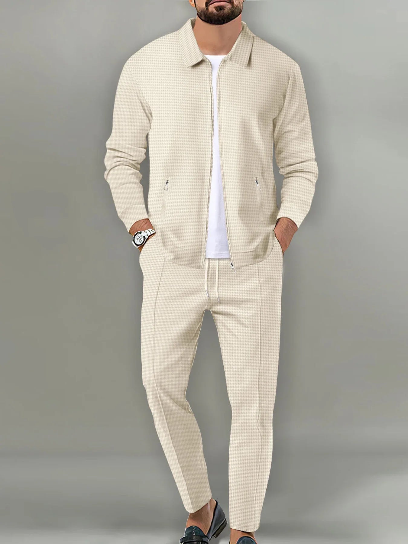Men's Casual Solid Color Zipper Jacket and Pants Suit - Breathable Polyester Fiber for Spring/Autumn