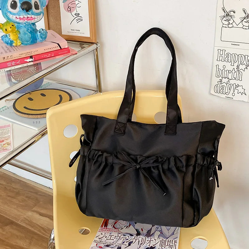 Elegant Bow Womens Shoulder Bag Nylon Pleated Korean Style Fashion Tote Bag