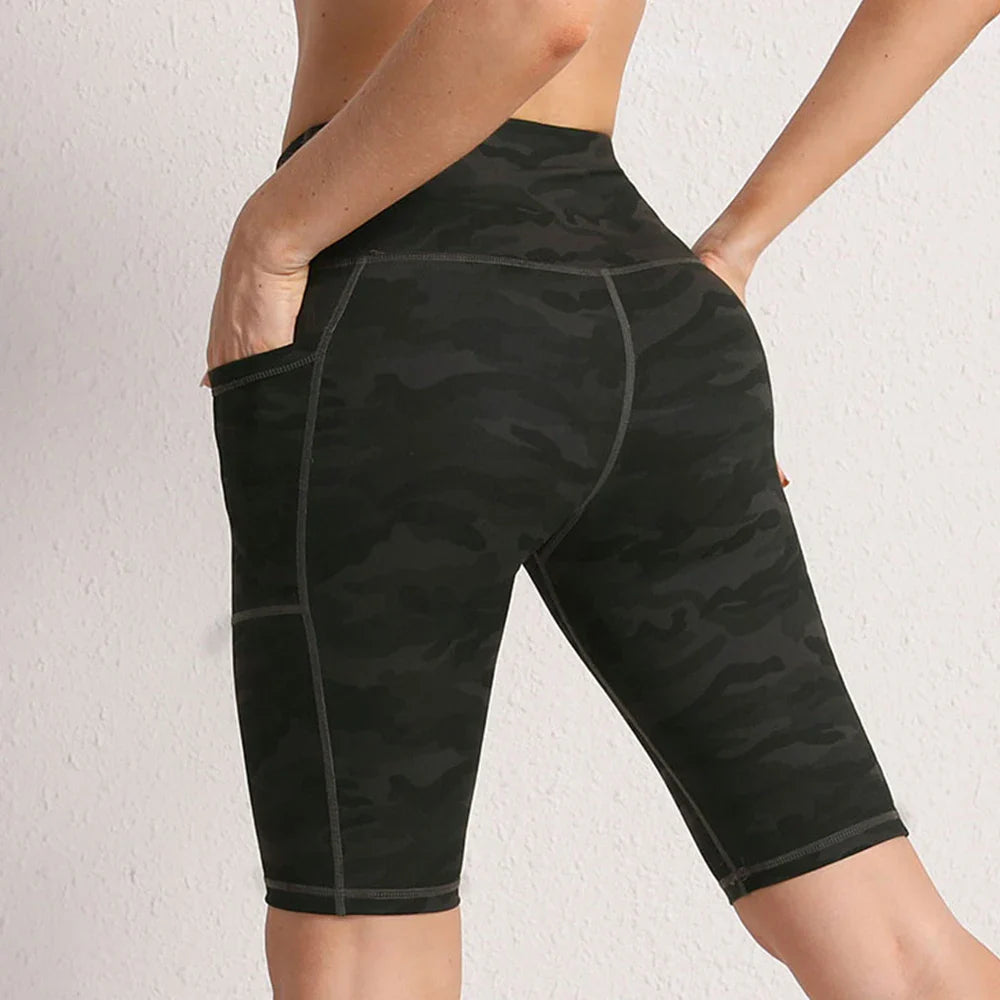 CHRLEISURE Women Yoga Shorts with 3 Pockets Seamless Gym Fitness Tights Elastic Cycling Shorts Female Solid Color Leggings