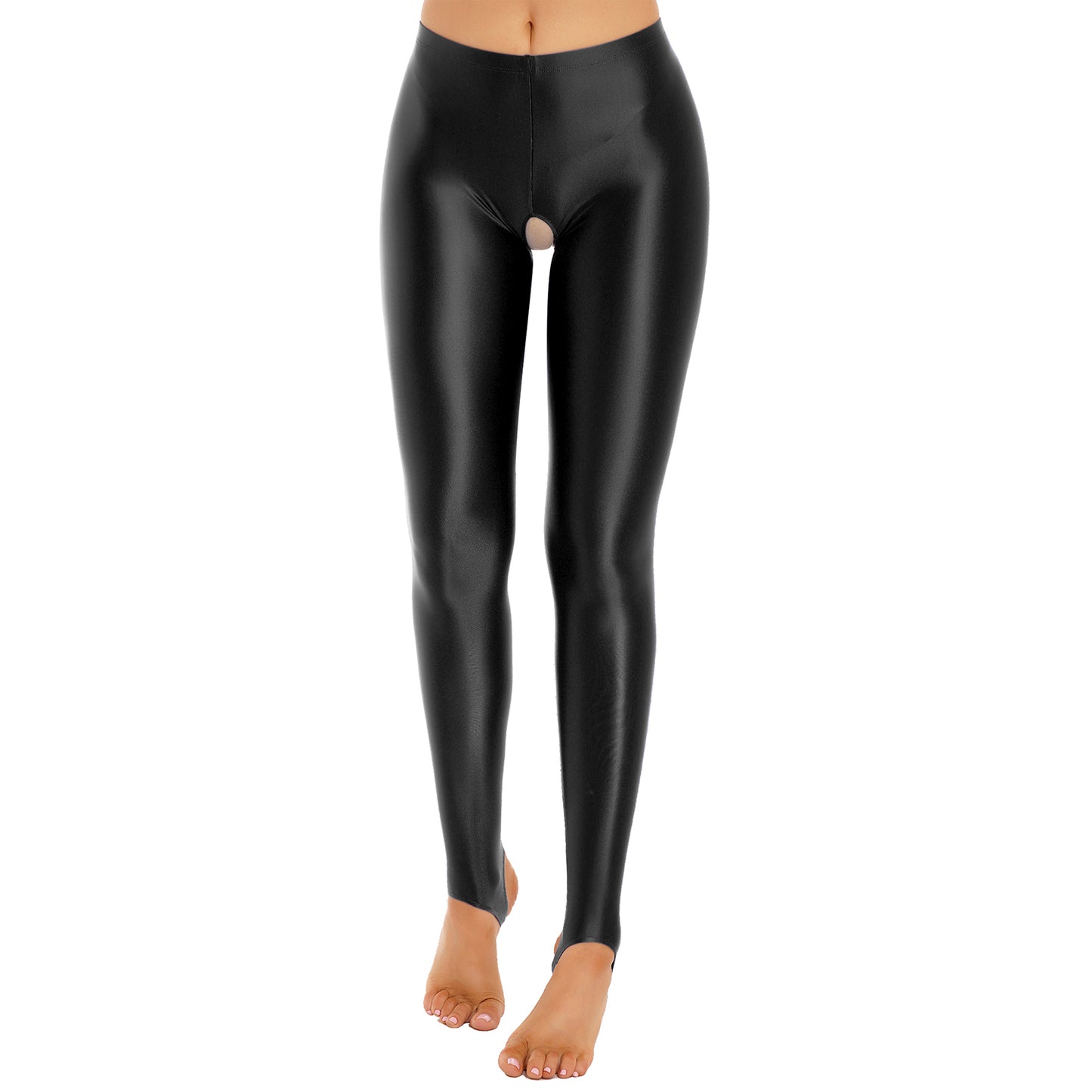Womens Lingerie Glossy Open Crotch Stirrup Tights Leggings Stretchy Smooth Mid Waist