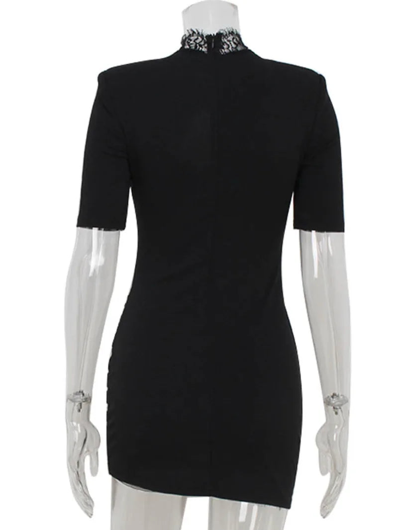 Sexy Sheath Women's Mini Dresses Solid Lace Turtleneck Slim Fit Bodycon Hollow Out Half Sleeves Streetwear Vestidos Robe GX98