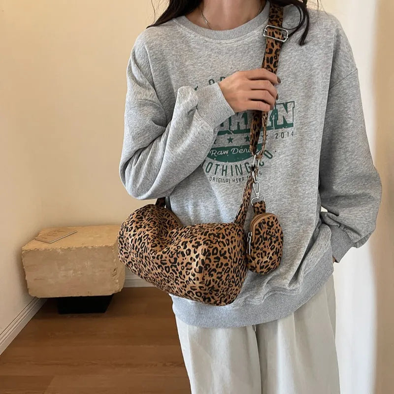 Korean Version Niche Leopard Print Canvas Armpit Bag for Women