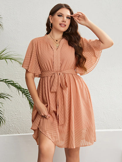 Plus Size Women's Dress Solid Color Wave Short Sleeve Dresses Elegant V Neck Waist Belt Office Lady Robe Summer Gown Clothing