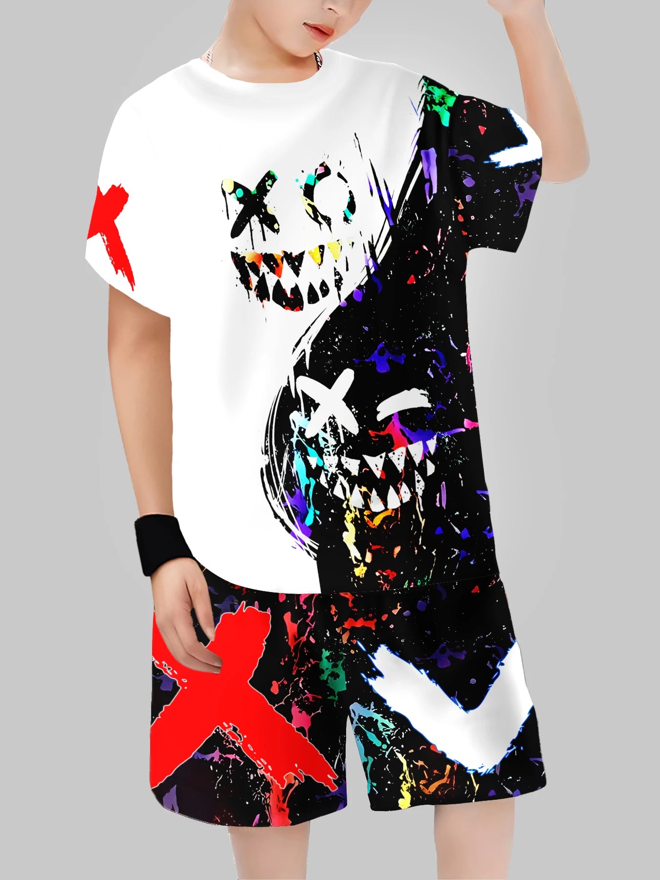 Sets for Children Boys' 3D Letter Graffiti Printed Short-Sleeved Shorts  Suit Casual Sports Style  Clothing