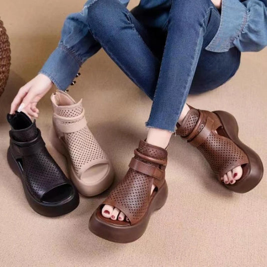 2024 Retro Soft PU Leather Ladies Cool Boots Fashion Women Sandals Summer Fish Mouth Sandals Wedges Mid Heels Shoe Sandalias