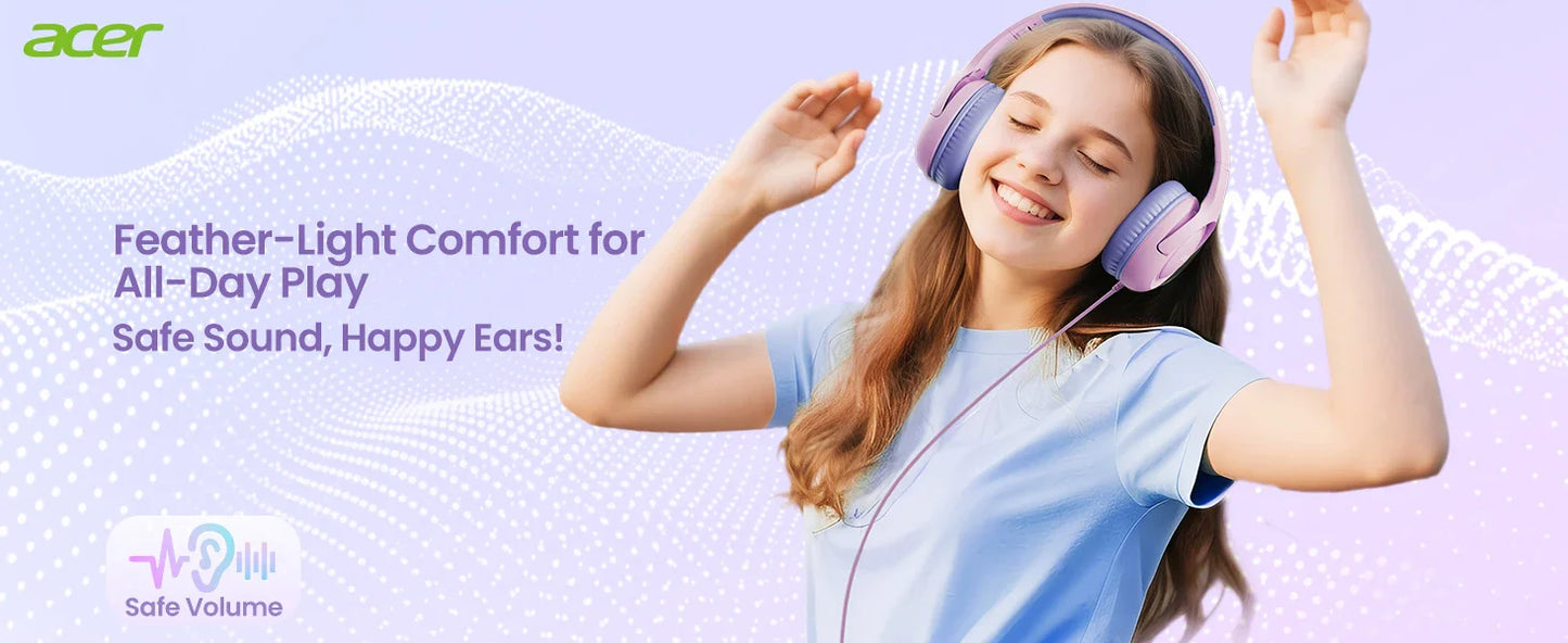 Acer HK03 Kids Wired Headphones for School 85/94dB Volume Limiter 3.5mm Jack Foldable Stereo Sound Headset for Girls Boy Gifts