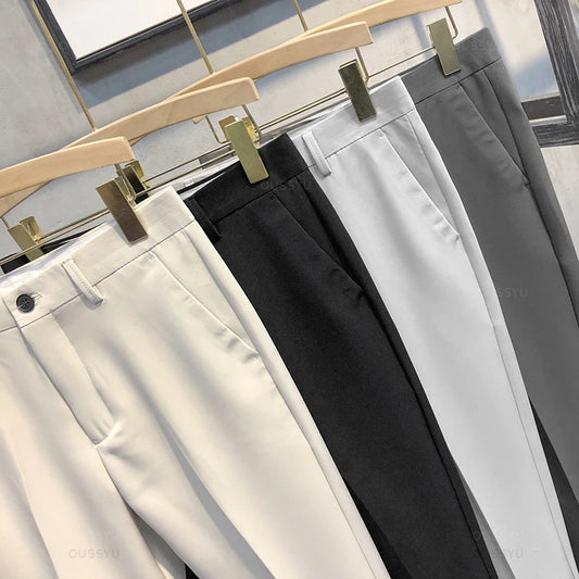 Ankle Length Pants Men Slim Work Jogging Social Formal Suit Trousers Male Brand Khaki Black