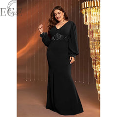 Plus Size Women Elegant Dresses Fashion Long Sleeve V-Neck Slim Party Dresses