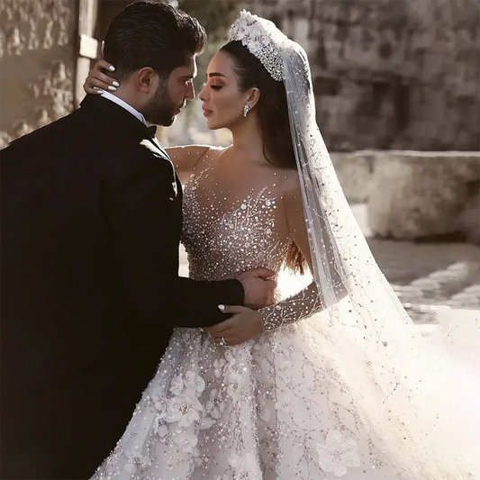 White Bridesmaid Dresses: A Line Wedding Dress Long Sleeves Flowers Sweep Train