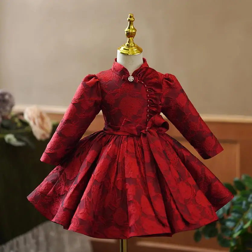 Summer New Children's Princess Ball Gown Kids Bow Puff Sleeve Design Wedding Birthday Baptism Party Red Dresses For Eid  A2051