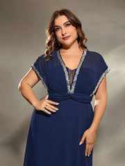 Mgiacy plus size V-neck Silver sequin Lace Bat-sleeve waist kink A swing long dress