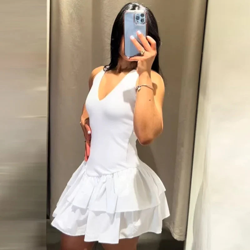 HXAO Womens Dresses Ruffled Halter Dress Summer Black Pink White Dress Mini Layered Backless Short Dresses Elegant Vestidos 066