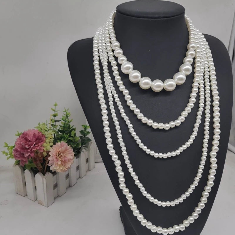 Vintage Imitation Pearl Choker Necklace Art Deco Flapper Accessories for Women White