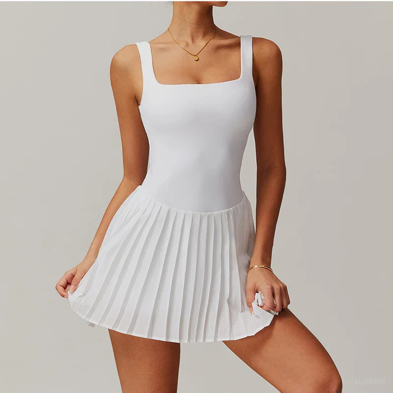 VITALINOVO Workout Tennis Dress with Built in Shorts Square Neck Padded Workout Dress with Pockets Golf Athletic Mini Dresses