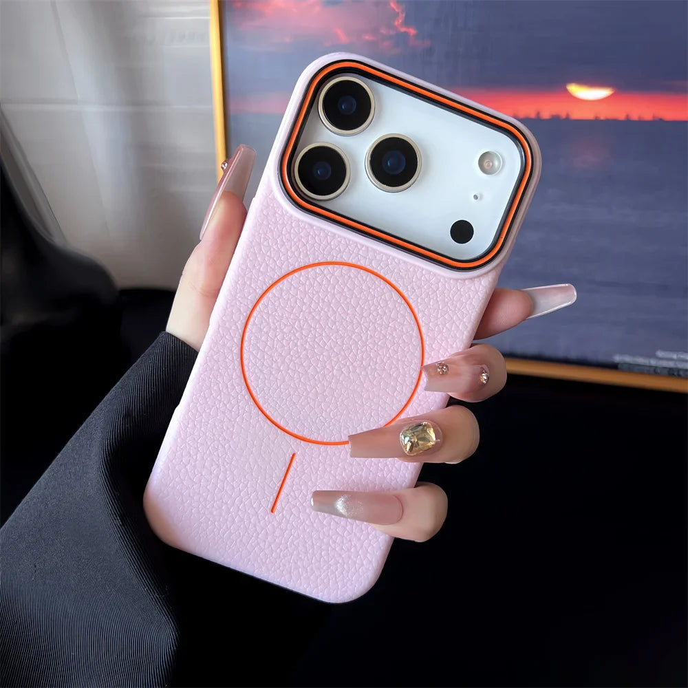 Frosted Hit Color Lichee Pattern Magnetic Phone Case For iPhone 17 Pro Max  For Magsafe TPU Soft Cover