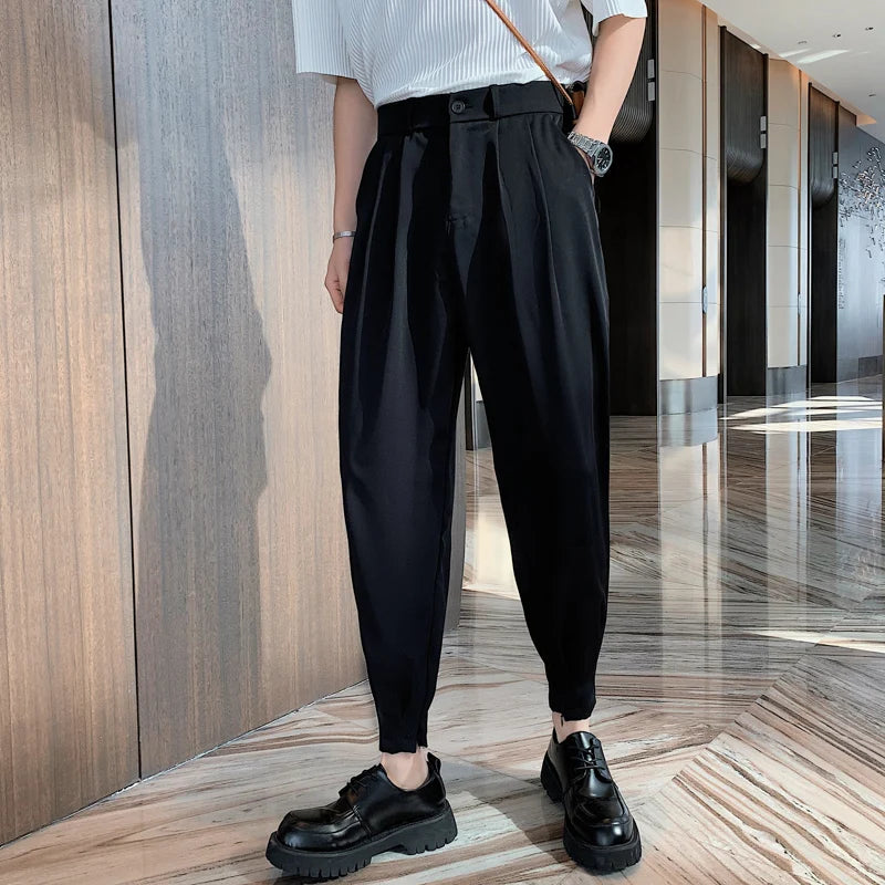 Spring Summer Pants Men Tapered Bottom Slit Trousers Korean Style White Khaki