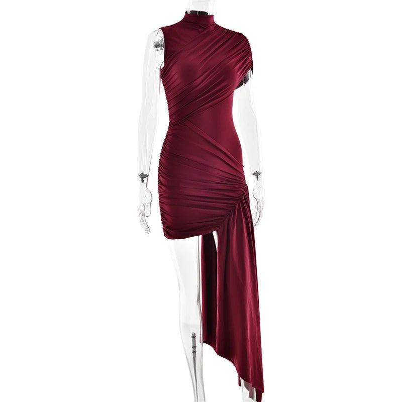 Balitops Summer Draped Ruched Sexy Mini Dress Women 2025 New Irregular High Waist Slim Fit Dress Female Elegant Club Tank Dress