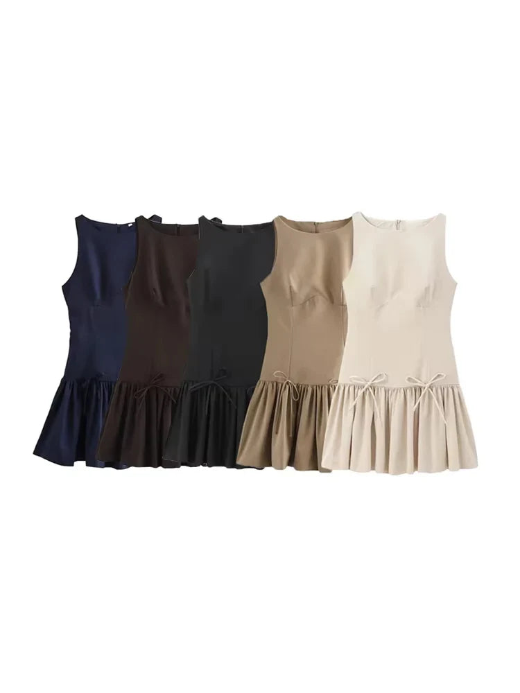 Women's Ruffled Mini Dress with Bows, O Neck, Sleeveless, Back Zipper, Female Dresses, Chic Fashion