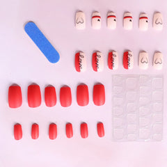 24pcs Short Square Red Heart Fake Nail - Short Coffin France Press On Nails Love