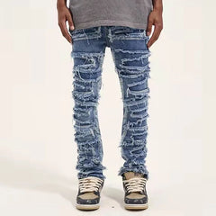 Retro Hole Ripped Distressed Jeans for Men Straight Washed Harajuku Hip Hop