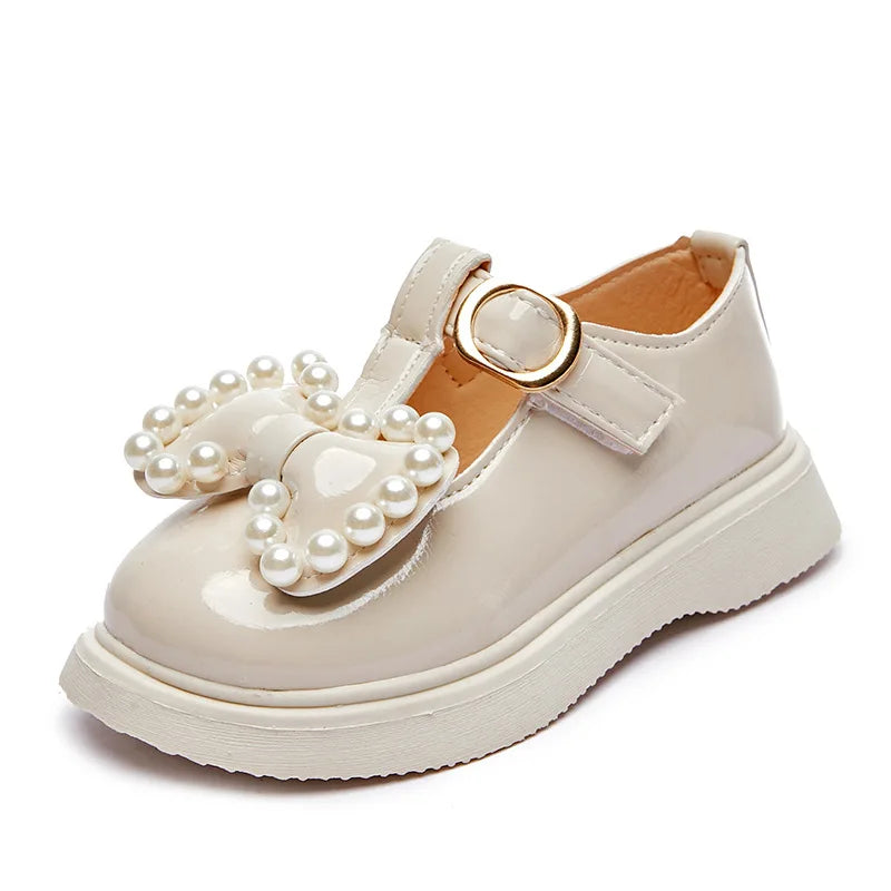 Spring Autumn Girls Leather Shoes with Bow-knot Pearls Beading Princess Sweet Cute