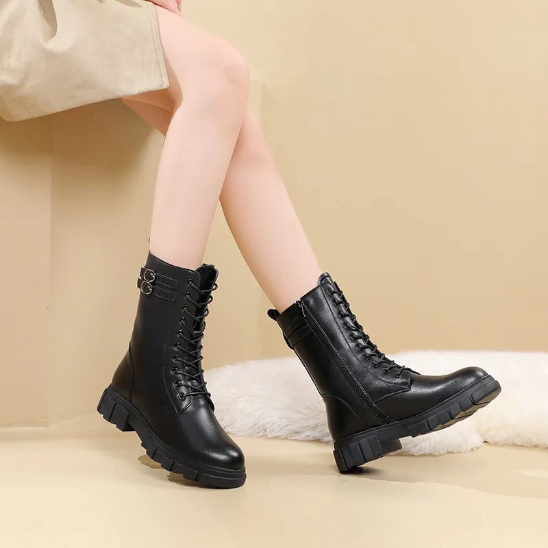 Shearling Warm Snow Boots Women Winter Thick-soled Rubber Wool Fur Mid-calf