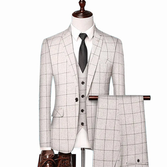 Tuxedo for Mens: British Style Men Plaid Vest Blazer Pants 3 Pieces Set / Male Fashion