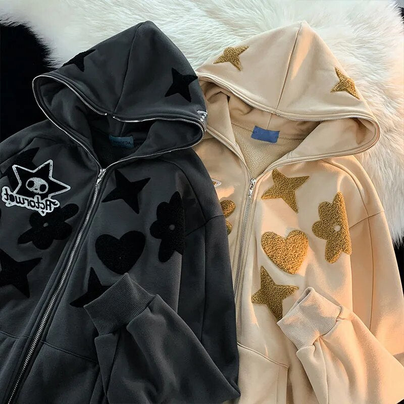 Women Retro Embroidery Hoodies Autumn Winter Zip Up Long Sleeve Loose Jacket Coats