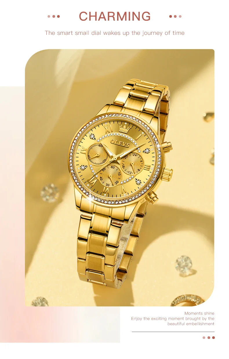 OLEVS Women's Watches Top Brand Luxury Original Quartz Watch for Ladies Chronograph Waterproof Luminous Rhinestone Dial 24 Hour