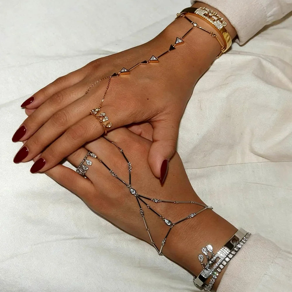 High Quality Long Tassel With Slippy Bar Bling Round Oval Triangle CZ Setting Women Unique Bracelet Wrap One's Finger Jewelry