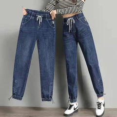 S-3xl Drawstring Ankle-length Loose Jogger Jeans Women Solid Color Streetwear Scratch  Pants