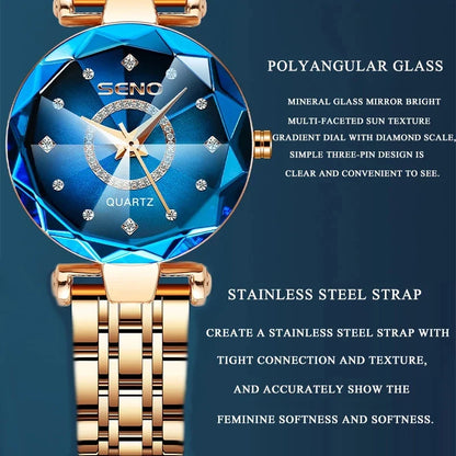 SENO Ocean Star Women Crystal Watch 2025 Top Brand Luxury Rose Gold Women Bracelet Watch For Ladies Wrist Watch Relogio Feminino