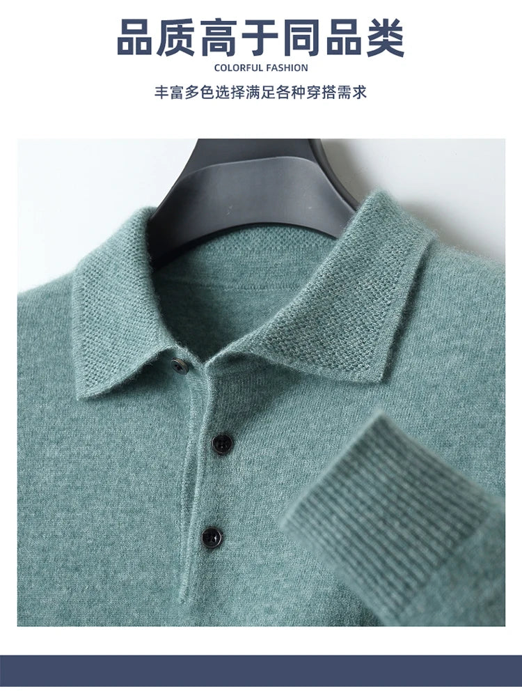 Merino Wool Hot Cardigans Men Lapel Pullover Long Sleeve POLO Neck Sweaters