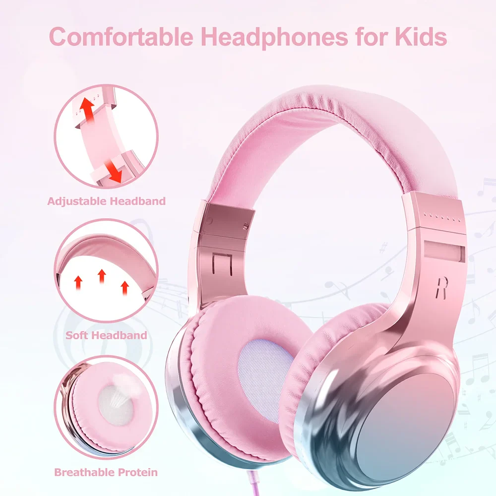 Kids Headphones Wired for School 85/94dB Volume Limiter Foldable Stereo Sound Headset with Mic for Kids Girls Learning Tablet PC
