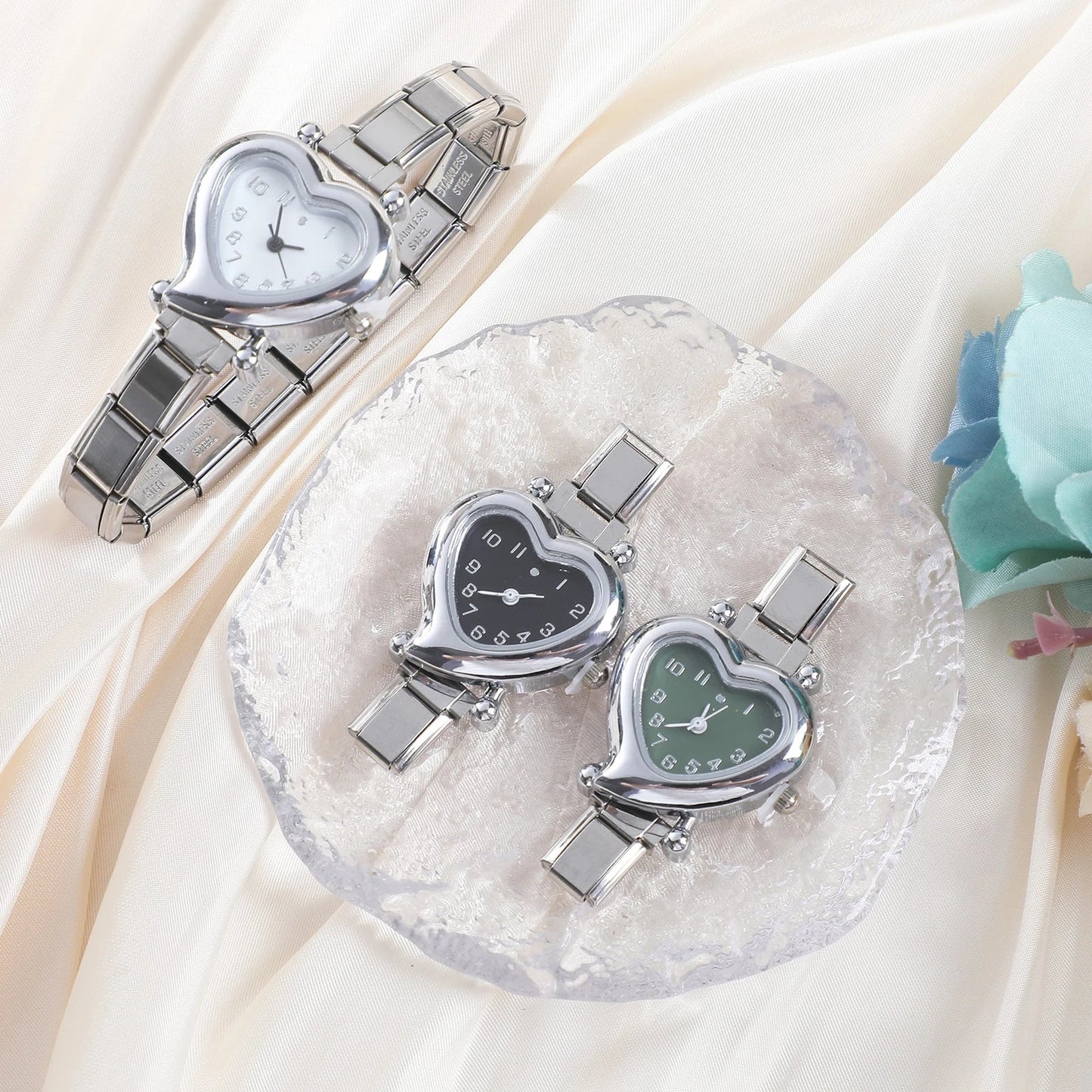 High Quality Fashion DIY 9MM Width Italian Elastic Charm Stainless Heart Shape Watch Bracelet Bangle for Friend Birthday Jewelry