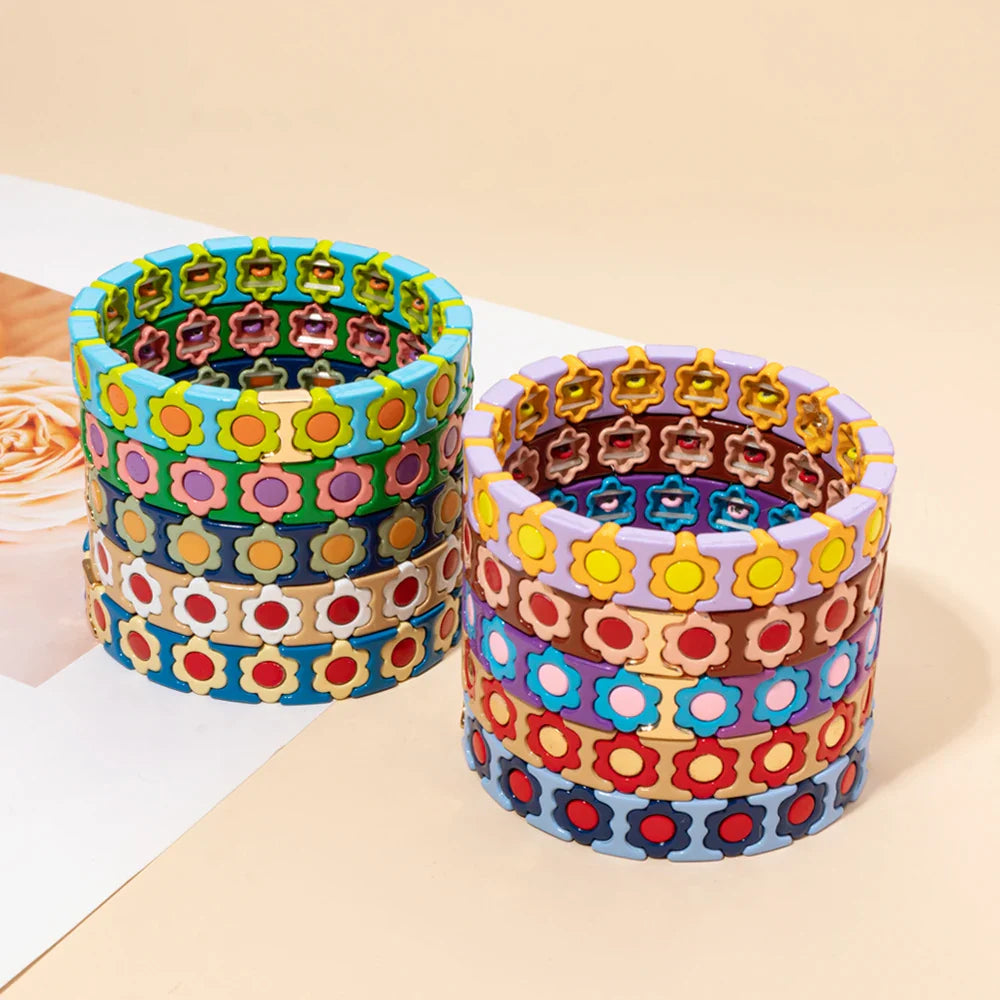 New Design Colorful Flower Charms Bangle For Women Handmade Bohemian Elastic Flower Bracelets Metal Beads Jewelry