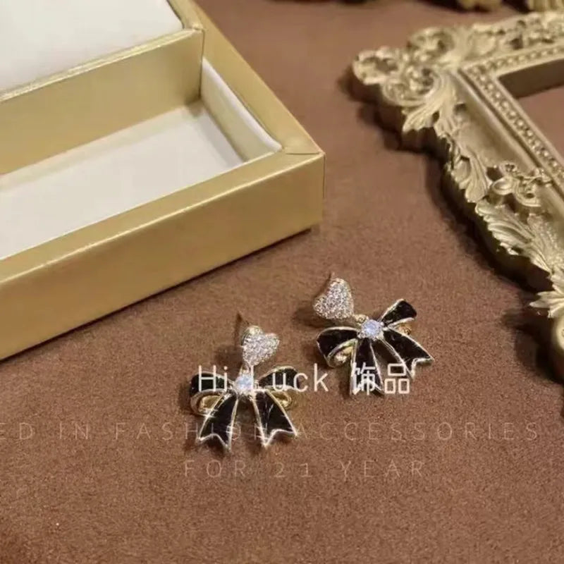 Simple Black Bow Love Earrings for Women Fashionable Personalized Beautiful Daily Accessories Party Jewelry Premium Gifts