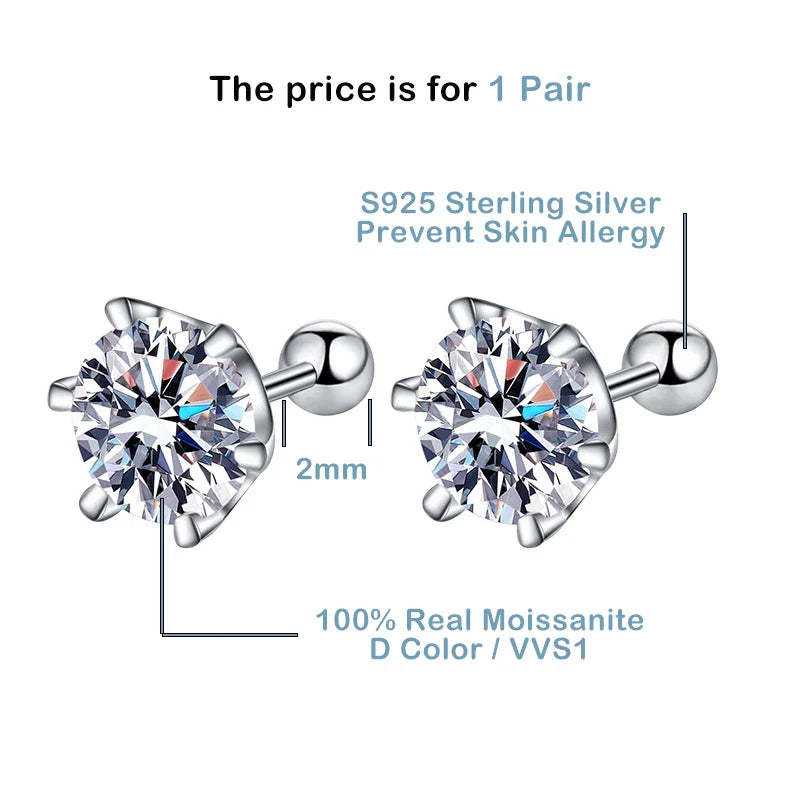 Gica Gema 0.5-2ct Moissanite Screw Stud Earrings D Color 925 Sterling Silver Diamond Earrings For Women Wedding Fine Jewelry