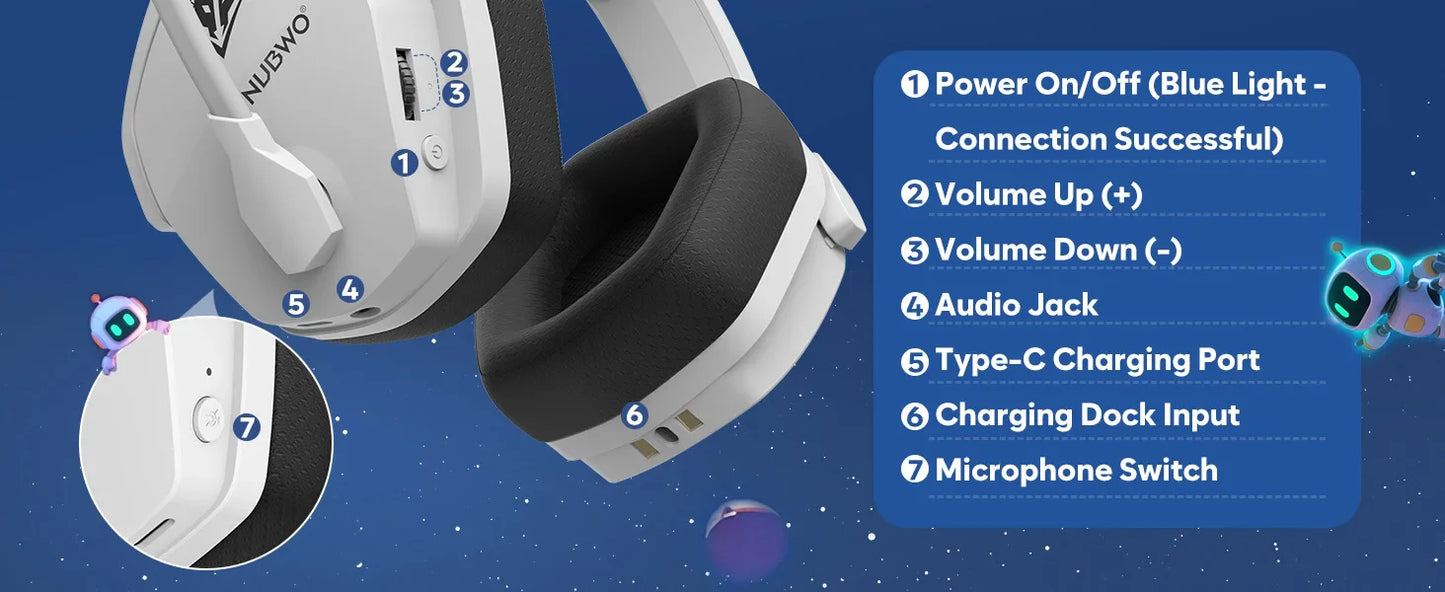 NUBWO G06 Wireless Headsets Gamer with Charging Station for Headset and PS5 Controller Gaming Headphones Long Battery Life