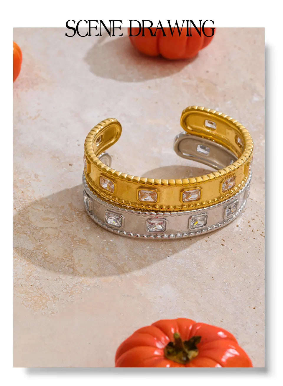 Yhpup 62mm High Quality Stainless Steel Square Zirconia Cuff Bracelet Bangle Trending Texture Premium Jewelry Recommend